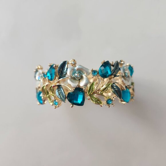 Turquoise Hearts and Flowers Hinged Cuff Bracelet - Picture 7 of 7
